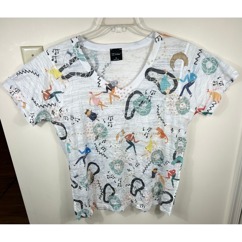 Inoah Top Women XL White Dancing Music Cat Novelty Print Crinkle Whimsical Artsy